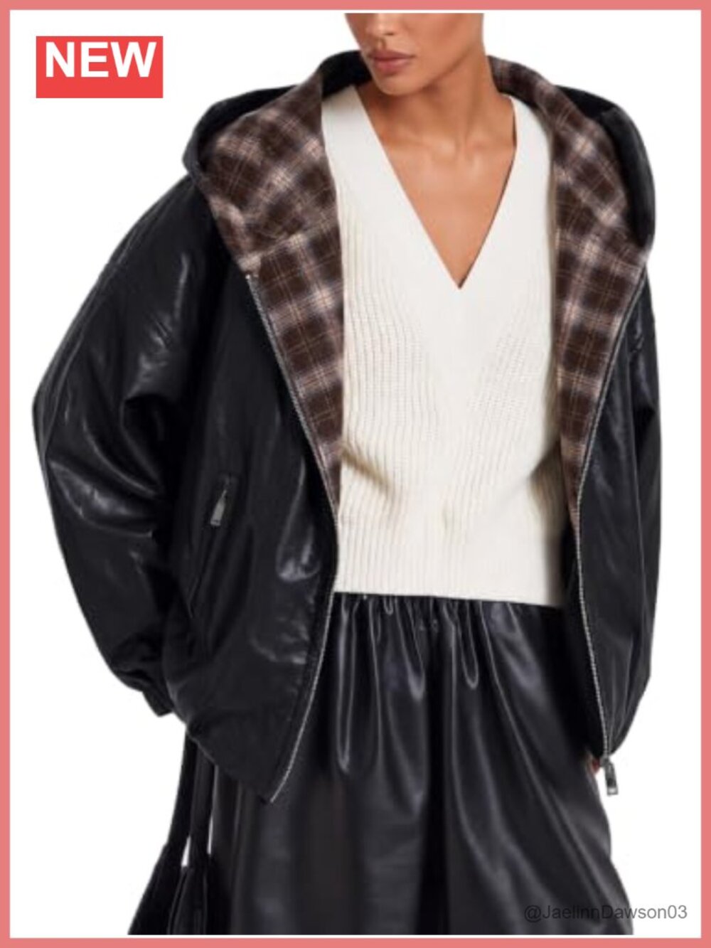 Faux Leather Cropped Moto Jacket Hooded Plaid Lined Zip Coat
